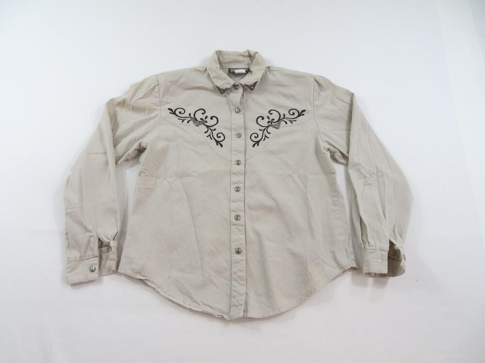 Roughrider Western Shirt Circle 7 Cowgirl Beige Black Womens Sz S-M? 1990s